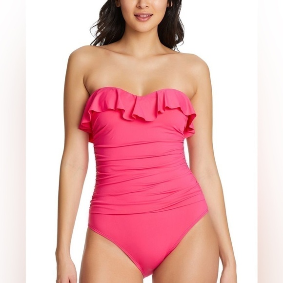 Bleu by Rod Beattie Shirred Ruffle
Bandeau One-Piece Swimsuit-Rose Pink swimwear - Picture 1 of 8